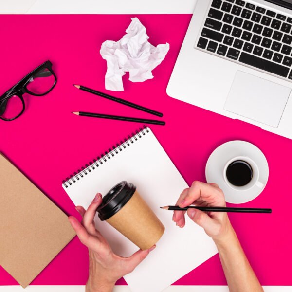 creative office desk, top view, beautiful combination of objects.