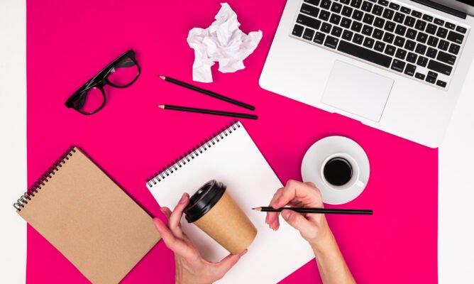 creative office desk, top view, beautiful combination of objects.