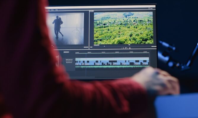 Professional video editor editing color grading and lighting in creative office, analyzing film montage, close up shot. Post production videographer manipulates raw footage, handheld camera shot